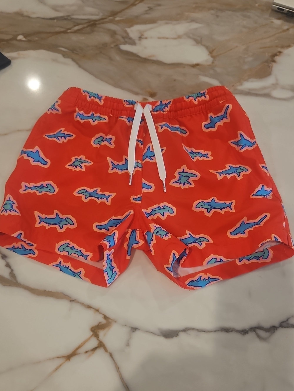 chubbies Red Swim Trunks with Blue Shark Print